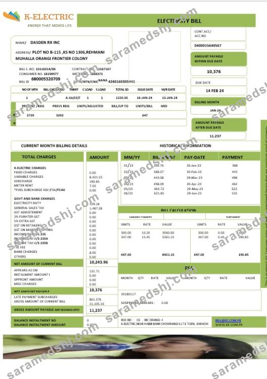 PAKISTAN K-ELECTRIC LIMITED business utility bill Word and PDF template